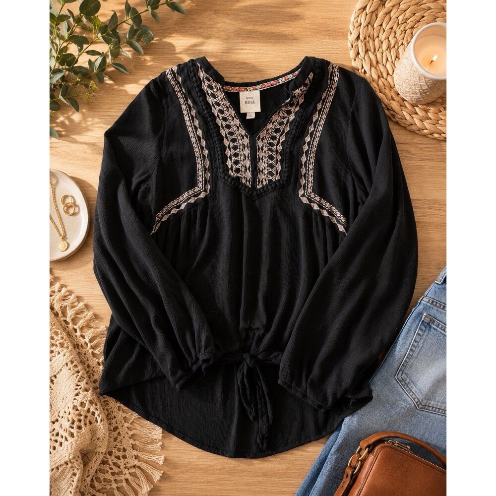 Knox Rose Women’s Large Black Embroidered Boho Peasant Blouse Long Sleeve Rayon